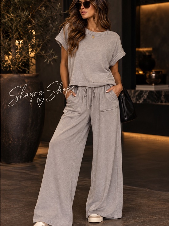 Zenana Outfitters Pants - Zenana Slub Knit Wide-Leg Lounge Pants Set- Acid Wash Sleet Gray